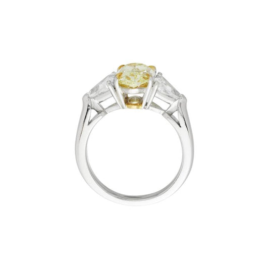 Three stone oval cut yellow diamond trilogy engagement ring in 18K gold