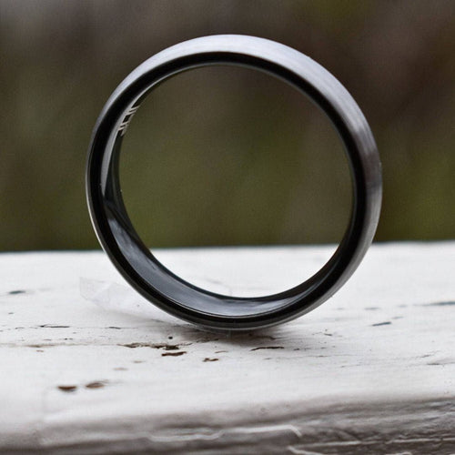 Stronghold II - Tungsten 6mm Wedding Ring Brushed Silver with Black Comfort fit band - view 6 - Nura Lab