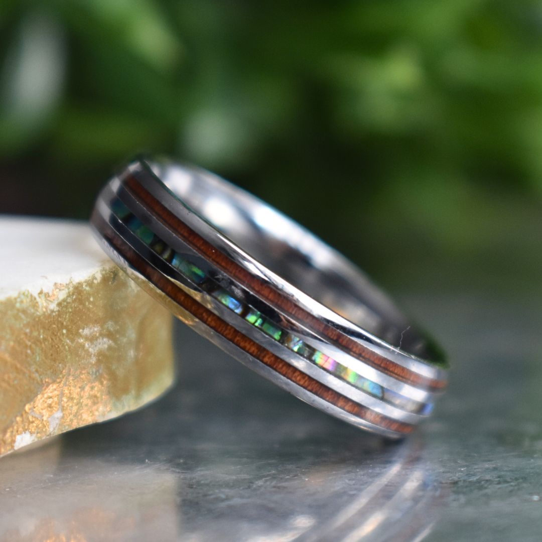 Echelon II - Tungsten 6mm Wedding Ring with Koa Wood and Shell Inlay - Nura Lab