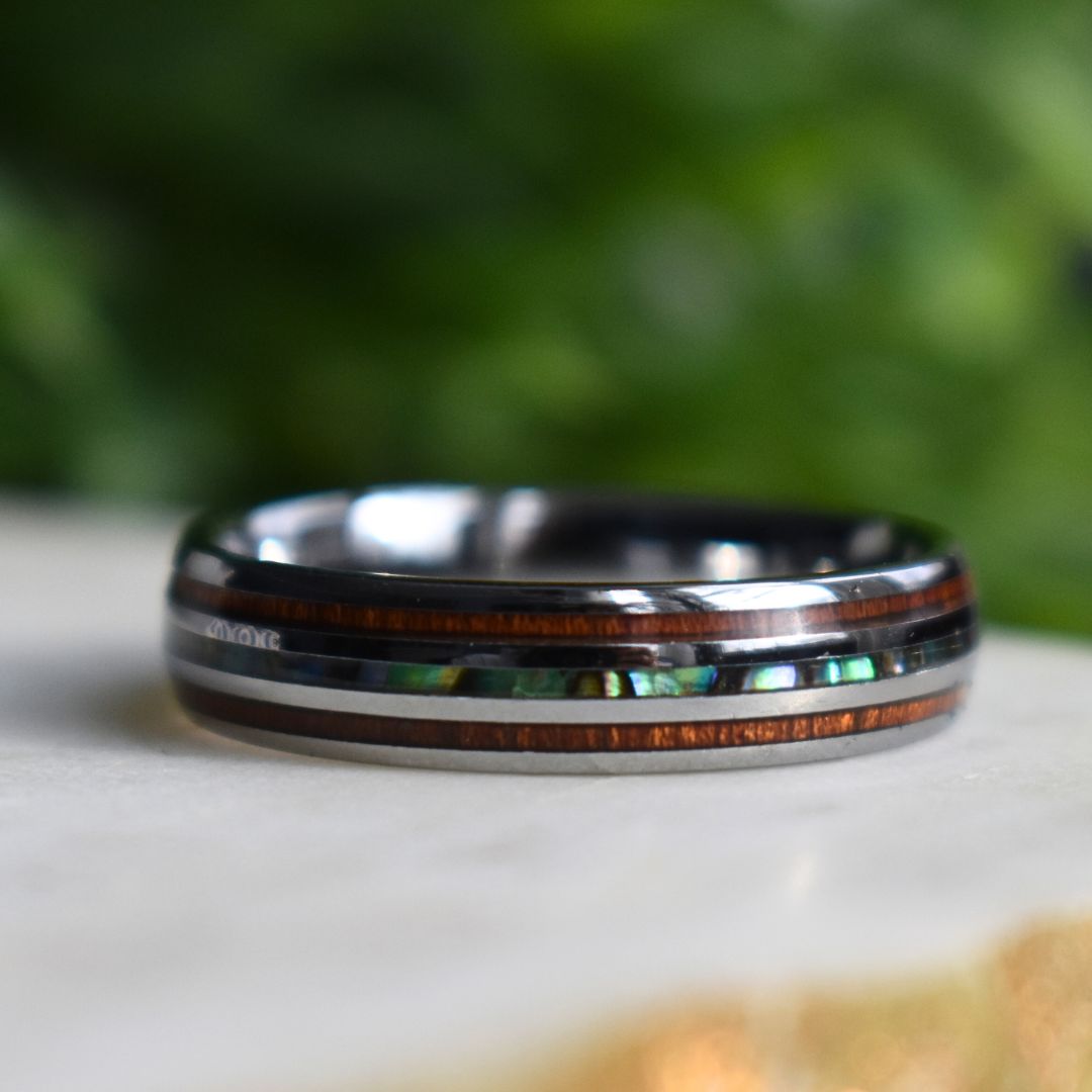 Echelon II - Tungsten 6mm Wedding Ring with Koa Wood and Shell Inlay - view 3 - Nura Lab