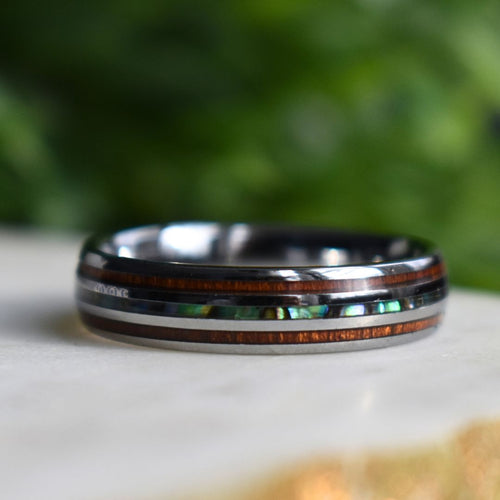Echelon II - Tungsten 6mm Wedding Ring with Koa Wood and Shell Inlay - view 3 - Nura Lab