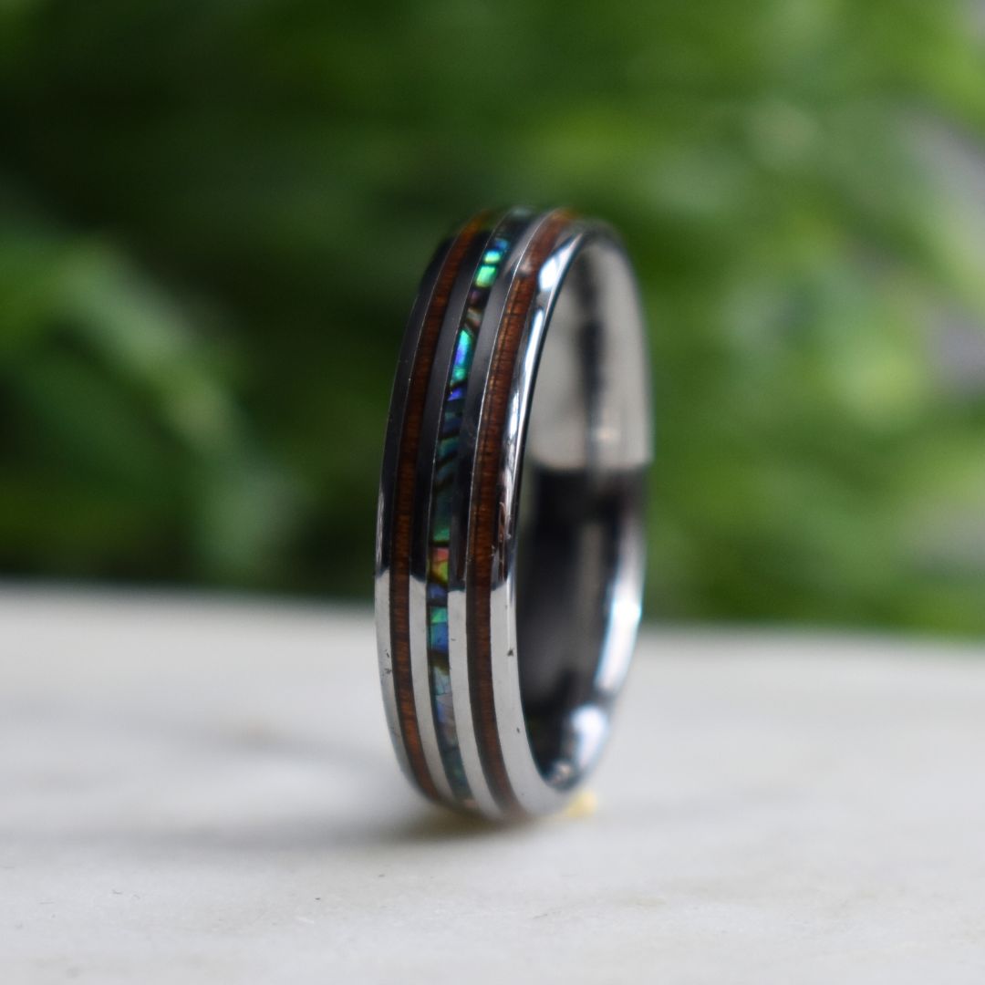 Echelon II - Tungsten 6mm Wedding Ring with Koa Wood and Shell Inlay - view 6 - Nura Lab