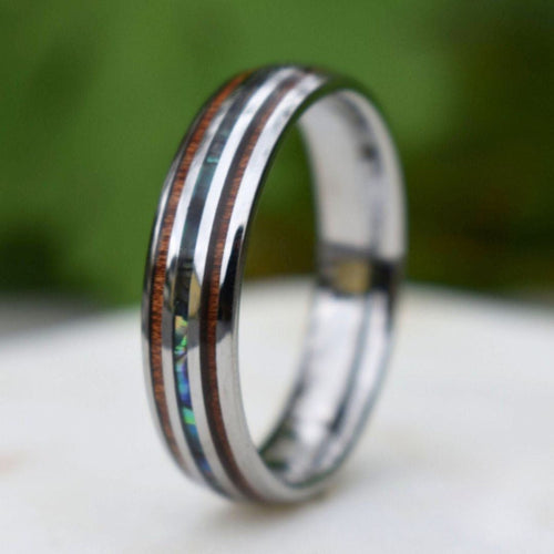Echelon II - Tungsten 6mm Wedding Ring with Koa Wood and Shell Inlay - view 4 - Nura Lab