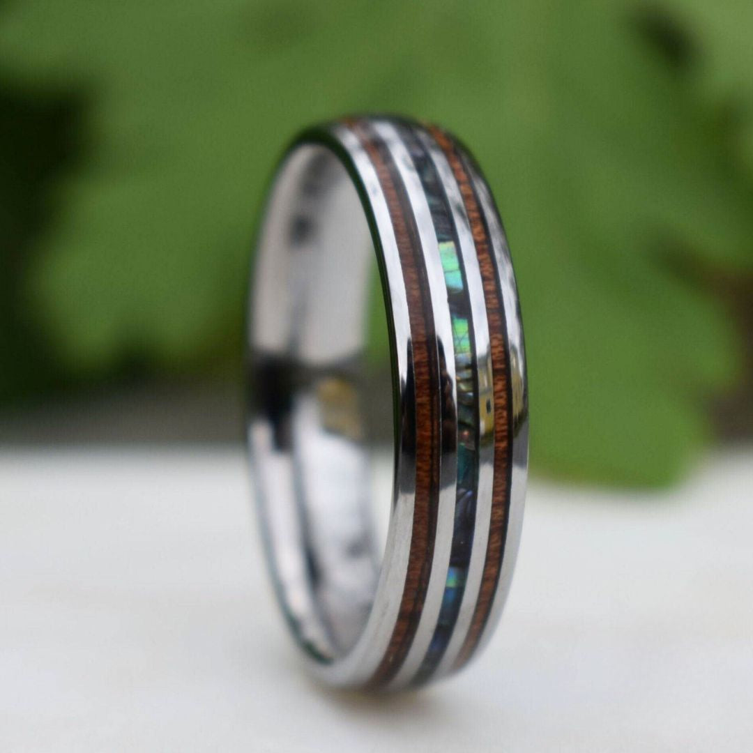 Echelon II - Tungsten 6mm Wedding Ring with Koa Wood and Shell Inlay - view 2 - Nura Lab