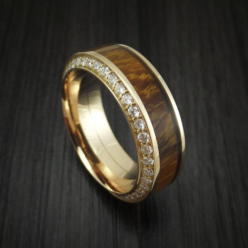 Iron XII - Yellow Gold Men's Wedding Ring With Wood Inlay And Eternity Set Diamonds Band - Nura Lab
