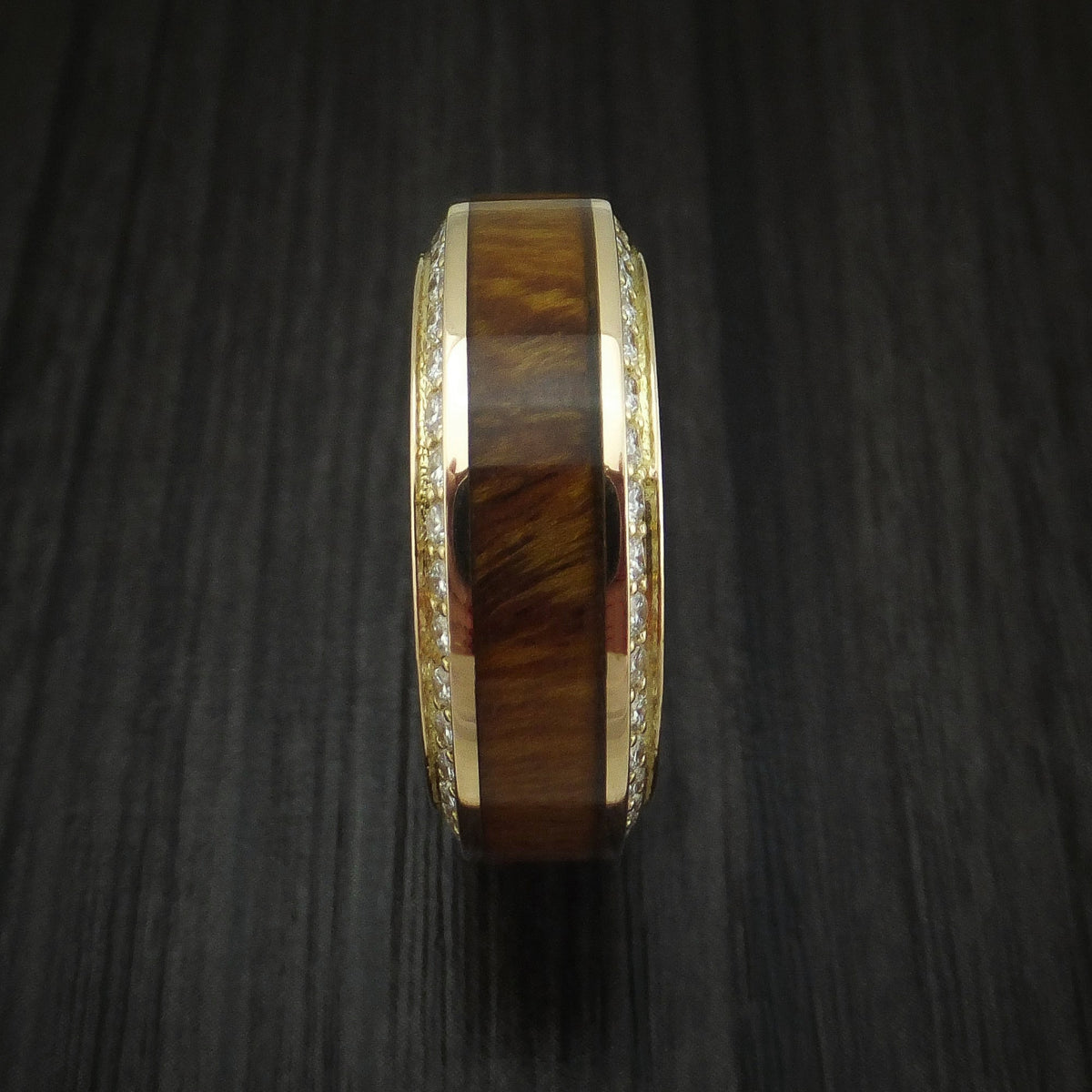 Iron XII - Yellow Gold Men's Wedding Ring With Wood Inlay And Eternity Set Diamonds Band - view 4 - Nura Lab