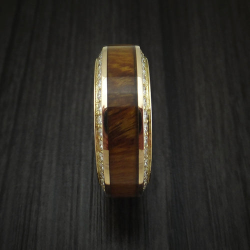 Iron XII - Yellow Gold Men's Wedding Ring With Wood Inlay And Eternity Set Diamonds Band - view 4 - Nura Lab