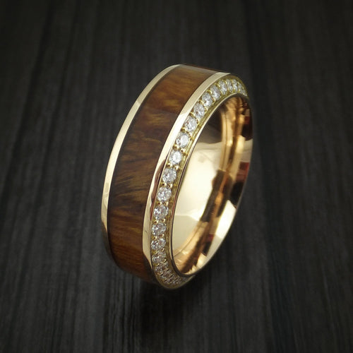 Iron XII - Yellow Gold Men's Wedding Ring With Wood Inlay And Eternity Set Diamonds Band - view 3 - Nura Lab