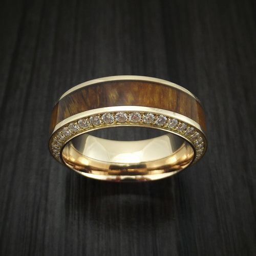 Iron XII - Yellow Gold Men's Wedding Ring With Wood Inlay And Eternity Set Diamonds Band - view 2 - Nura Lab