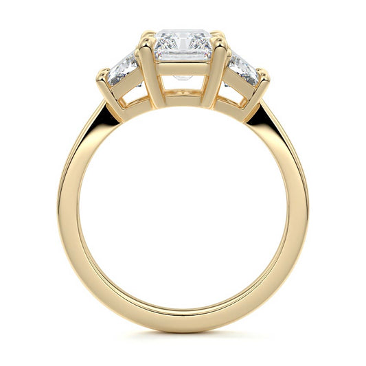 Side profile of Zoe three stone ring showing trapezoid side stones
