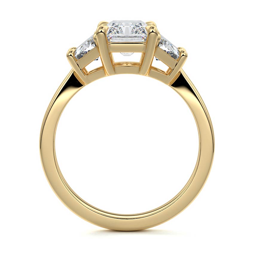 Side profile of Zoe three stone ring showing trapezoid side stones