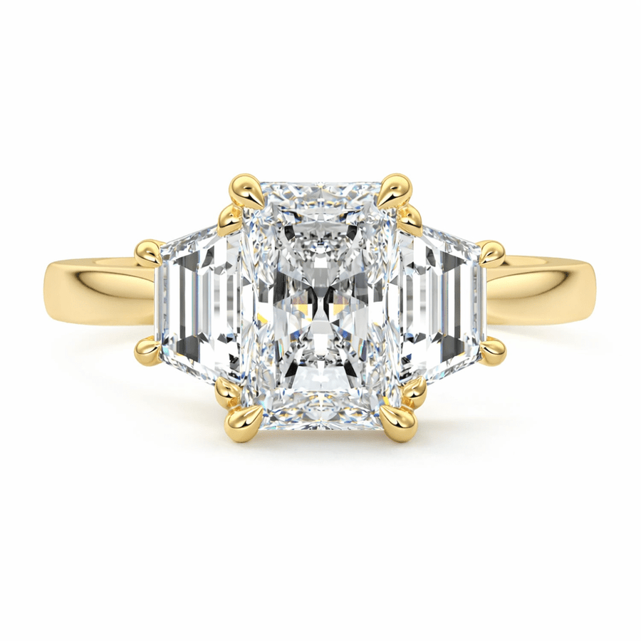 Top view of Zoe radiant trilogy ring with trapezoid side stones